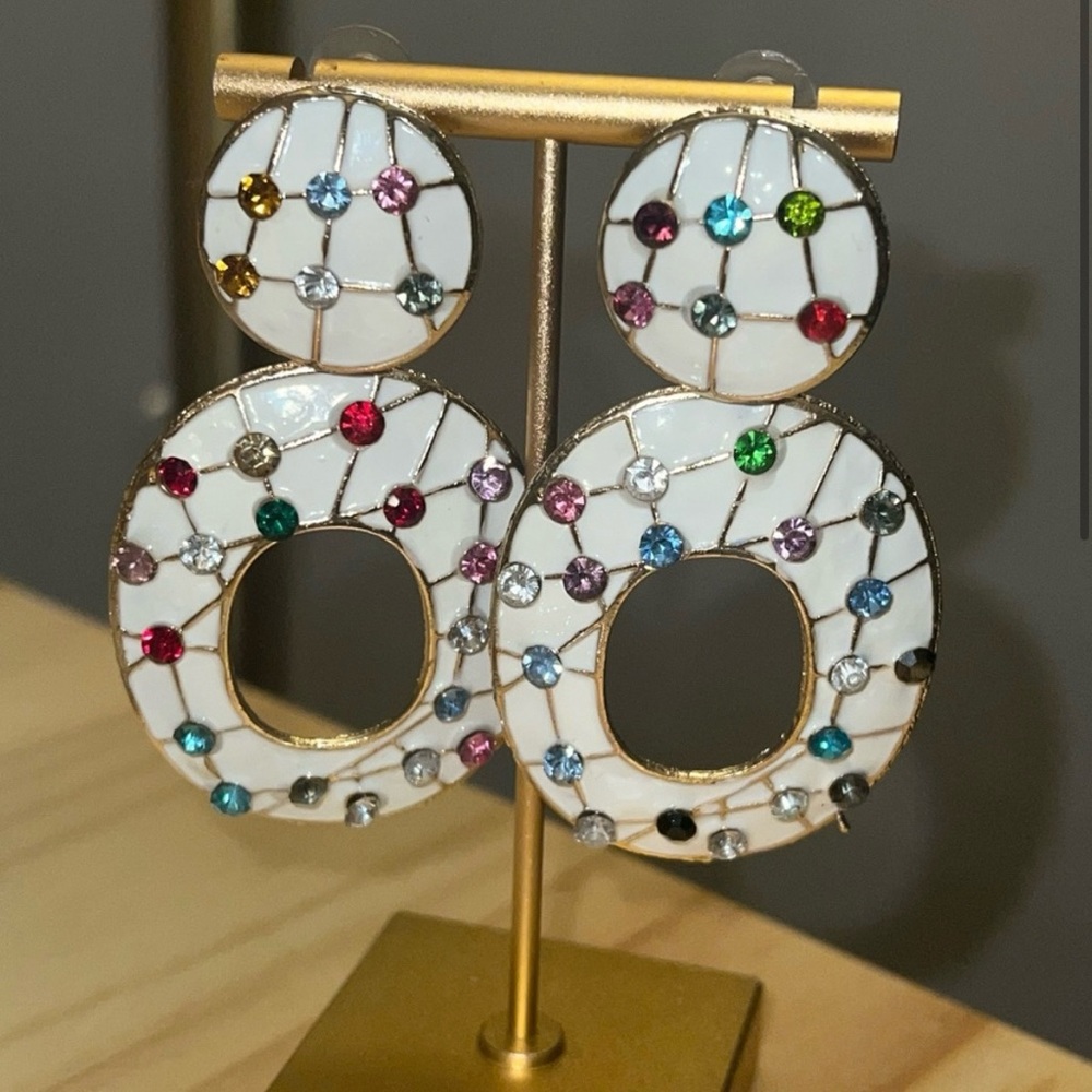 Retro 90s White Vintage Multicolor Gemstone
Drop Earrings
